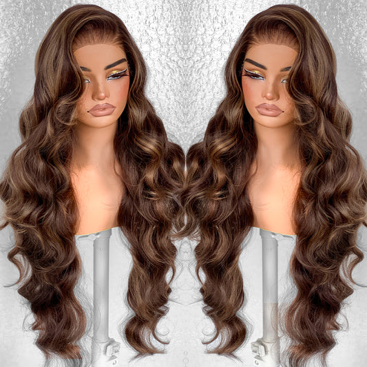 LOVSOUL Ombre Honey Blonde Glueless Wear And Go Synthetic 13x6 Layered Voluminous Long Body Wave HD Lace Frontal Wig Pre-Plucked No Glue For Black Women 4/27 Highlight 32inch