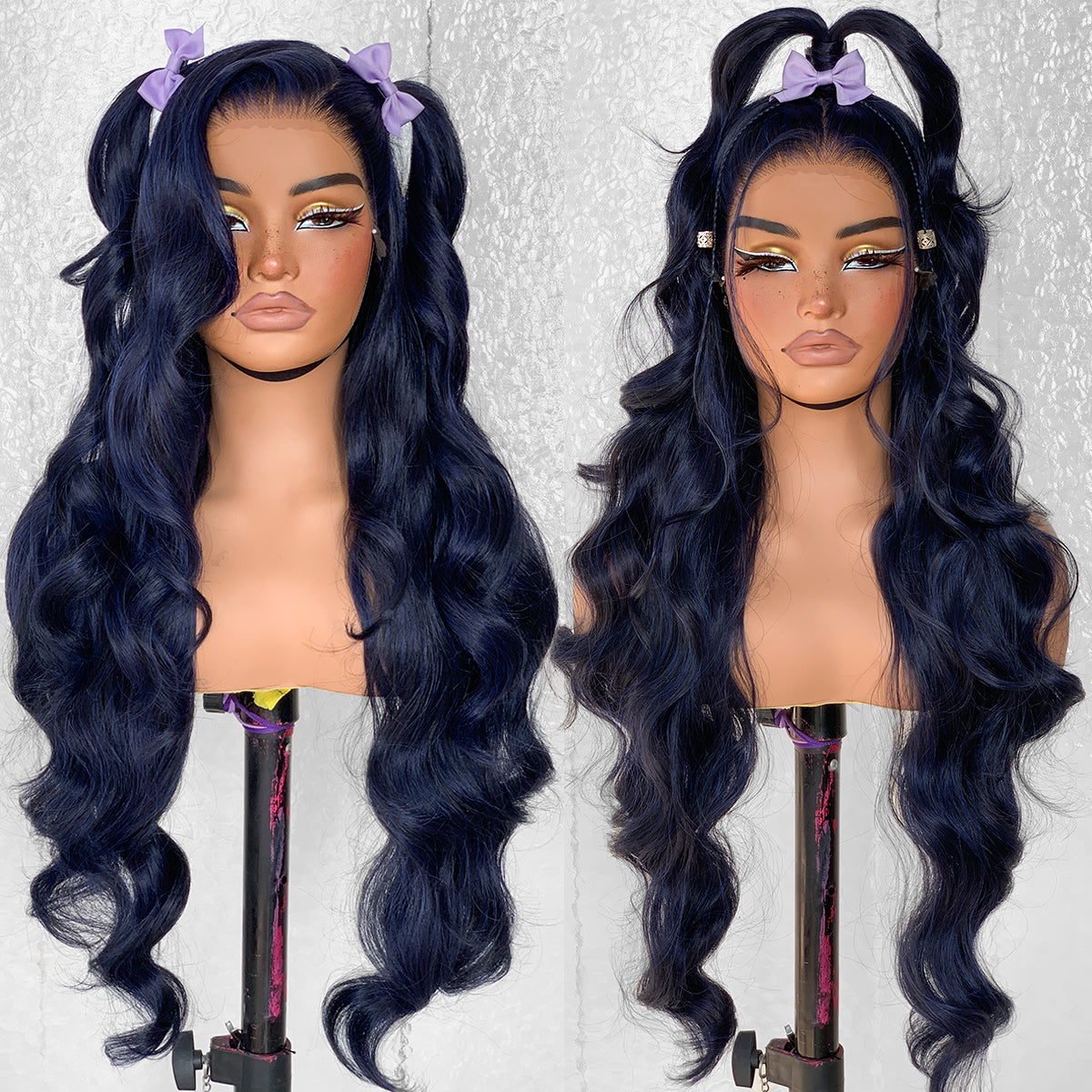 LOVSOUL Dark Blue Glueless Wear And Go HD Lace Frontal Wig Synthetic 13x6 Layered Long Body Wave Lace Front Wig Pre-Plucked No Glue Cosplay For Black Women 32inch