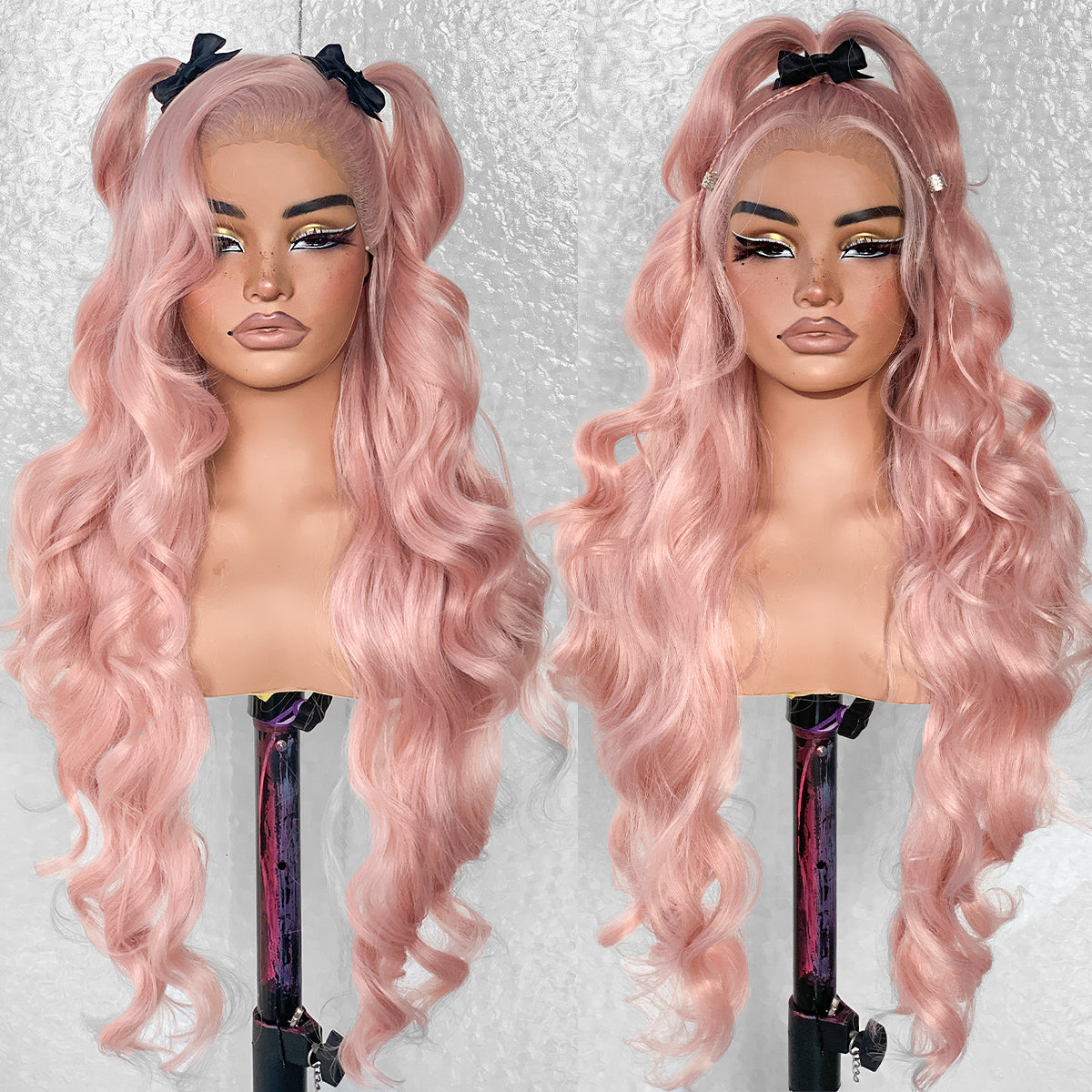 LOVSOUL Pink Glueless Wear And Go Synthetic 13x6 Layered Voluminous Long Body Wave HD Lace Frontal Wig Pre-Plucked No Glue Cosplay Beginners Friendly Pestel Pink 32inch