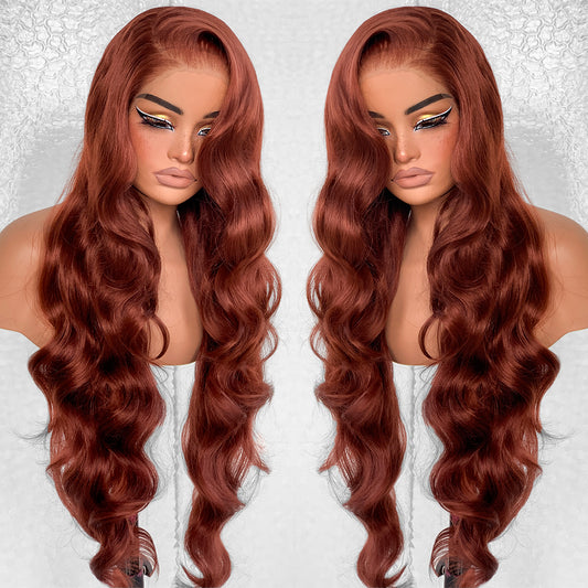 LOVSOUL Reddish Brown Glueless Wear And Go Synthetic 13x6 Layered Voluminous Long Body Wave HD Lace Frontal Wig Pre-Plucked No Glue Beginners Friendly 32inch