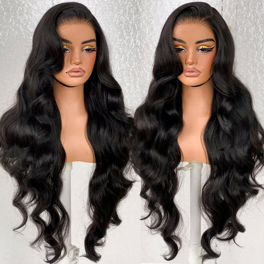 LOVSOUL Wear And Go Glueless Natural Black Pre-Plucked Synthetic 13x6 layered Voluminous Long Body Wave HD Lace Frontal Wig No Glue No Gel For Black Women 32inch
