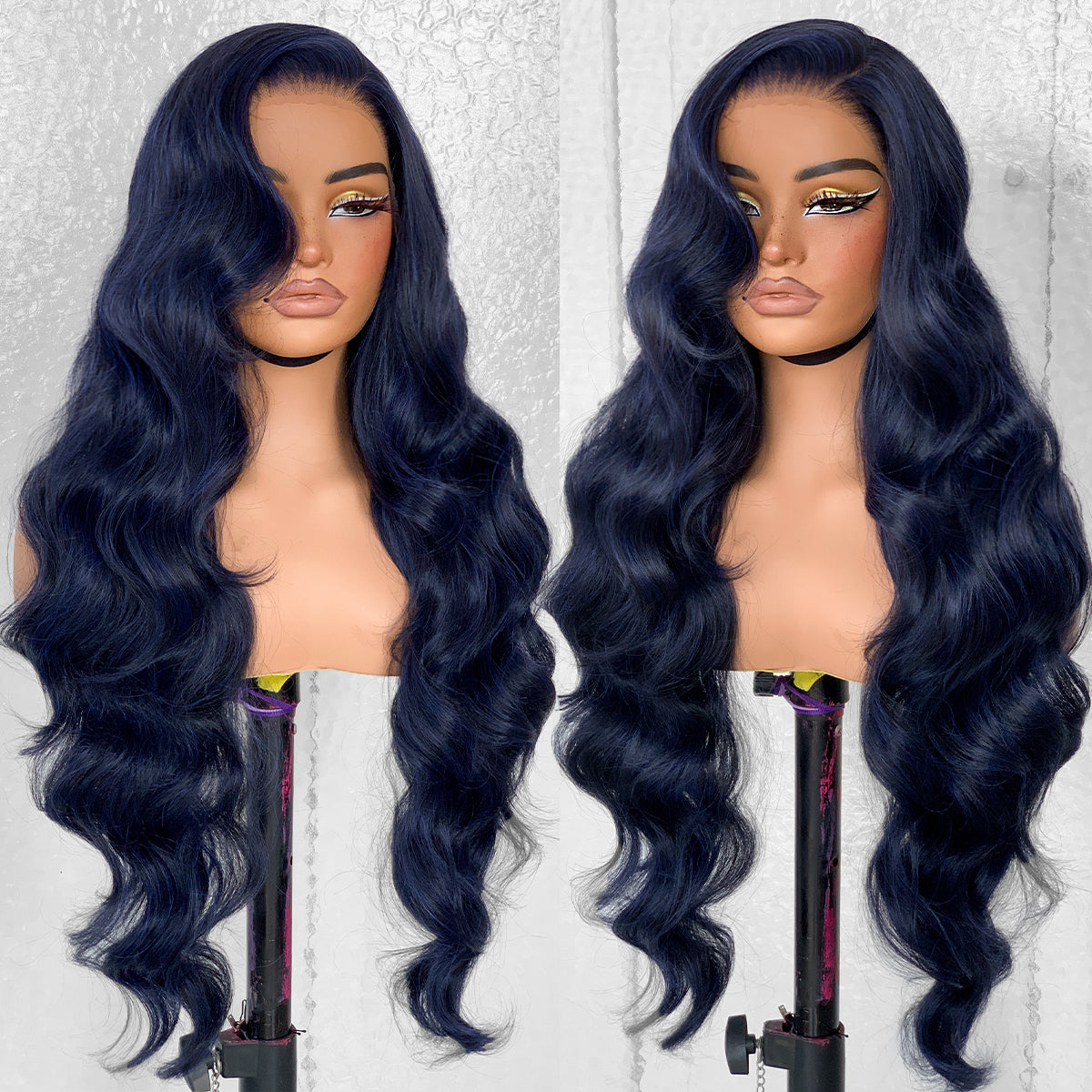 LOVSOUL Dark Blue Glueless Wear And Go HD Lace Frontal Wig Synthetic 13x6 Layered Long Body Wave Lace Front Wig Pre-Plucked No Glue Cosplay For Black Women 32inch