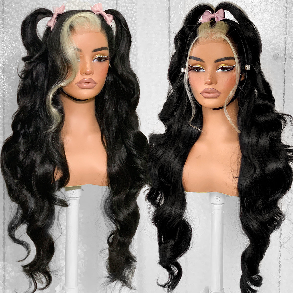 LOVSOUL Skunk Stripe Glueless Wear And Go Middle Skunk Stripe Per-Cut Synthetic 13x6 Layered Voluminous Long Body Wave HD Lace Frontal Wig Pre-Plucked No Glue 32inch