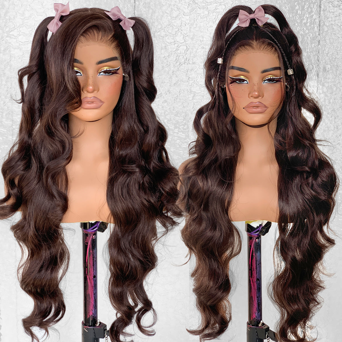 LOVSOUL Dark Brown Glueless Wear And Go HD Lace Synthetic 13x6 Layered Voluminous Long Body Wave Lace Frontal Wig Pre-Plucked No Glue Beginners Friendly 32inch