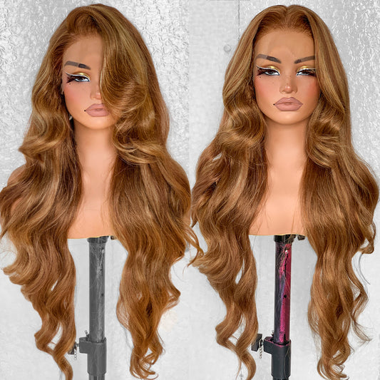 LOVSOUL Honey Blonde Highlight Glueless Wear And Go Synthetic 13x6 Layered Voluminous Long Body Wave HD Lace Frontal Wig Pre-Plucked Pre-Cut For Black Women 4/27 Sunkissed Highlight 32inch