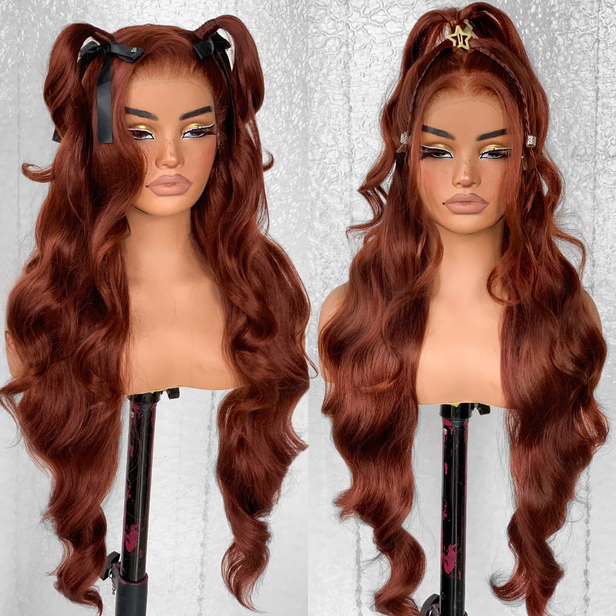 LOVSOUL Reddish Brown Glueless Wear And Go Synthetic 13x6 Layered Voluminous Long Body Wave HD Lace Frontal Wig Pre-Plucked No Glue Beginners Friendly 32inch