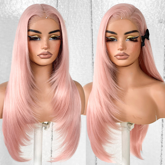 13x6 Glueless HD Lace Wear And Go Synthetic Pre-Plucked Pre-Layered Pre-Cut No Glue Layered Straight Frames Face Nice Lace Front Wig For Black Women Beginners Friendly #26inch Pastel Pink