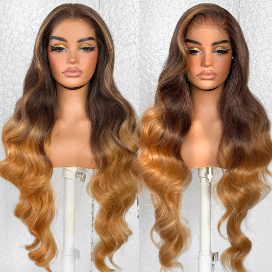 LOVSOUL Ombre Honey Blonde Glueless Wear And Go Synthetic 13x6 Layered Voluminous Long Body Wave HD Lace Frontal Wig Pre-Plucked No Glue Beginners Friendly 32inch
