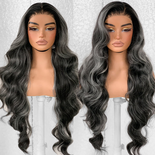 LOVSOUL Highlight Glueless Wear And Go Pre-Plucked Black And White Skunk Stripe Synthetic 13x6 Layered Voluminous Long Body Wave HD Lace Frontal Wig No Glue 32inch