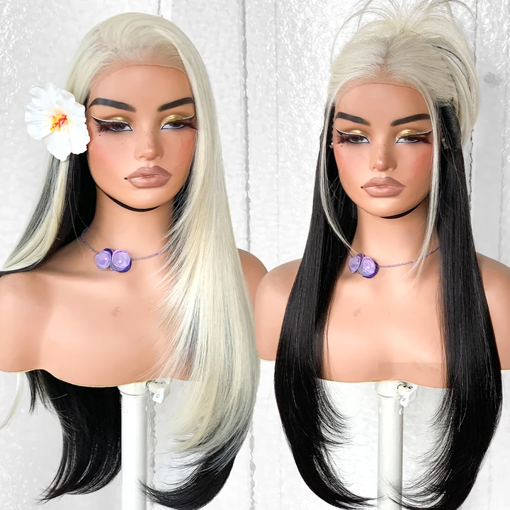 13x6 Glueless HD Lace Wear And Go Synthetic Pre-Plucked Pre-Layered Pre-Cut No Glue Layered Straight Frames Face Nice Lace Front Wig For Black Women Beginners Friendly #26inch White over Black