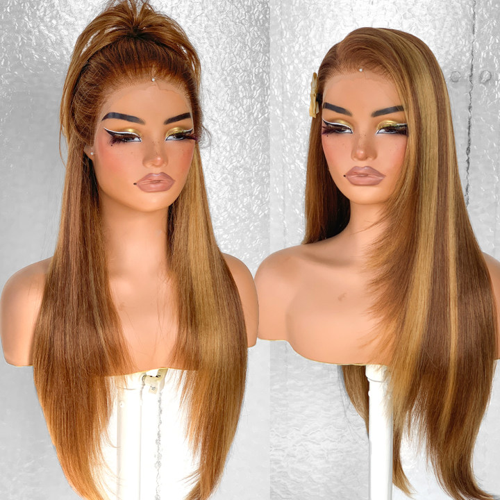 13x6 Glueless HD Lace Wear And Go Synthetic Pre-Plucked Pre-Layered Pre-Cut No Glue Layered Straight Frames Face Nice Lace Front Wig For Black Women Beginners Friendly #26inch 4/27 Sunkissed Highlights