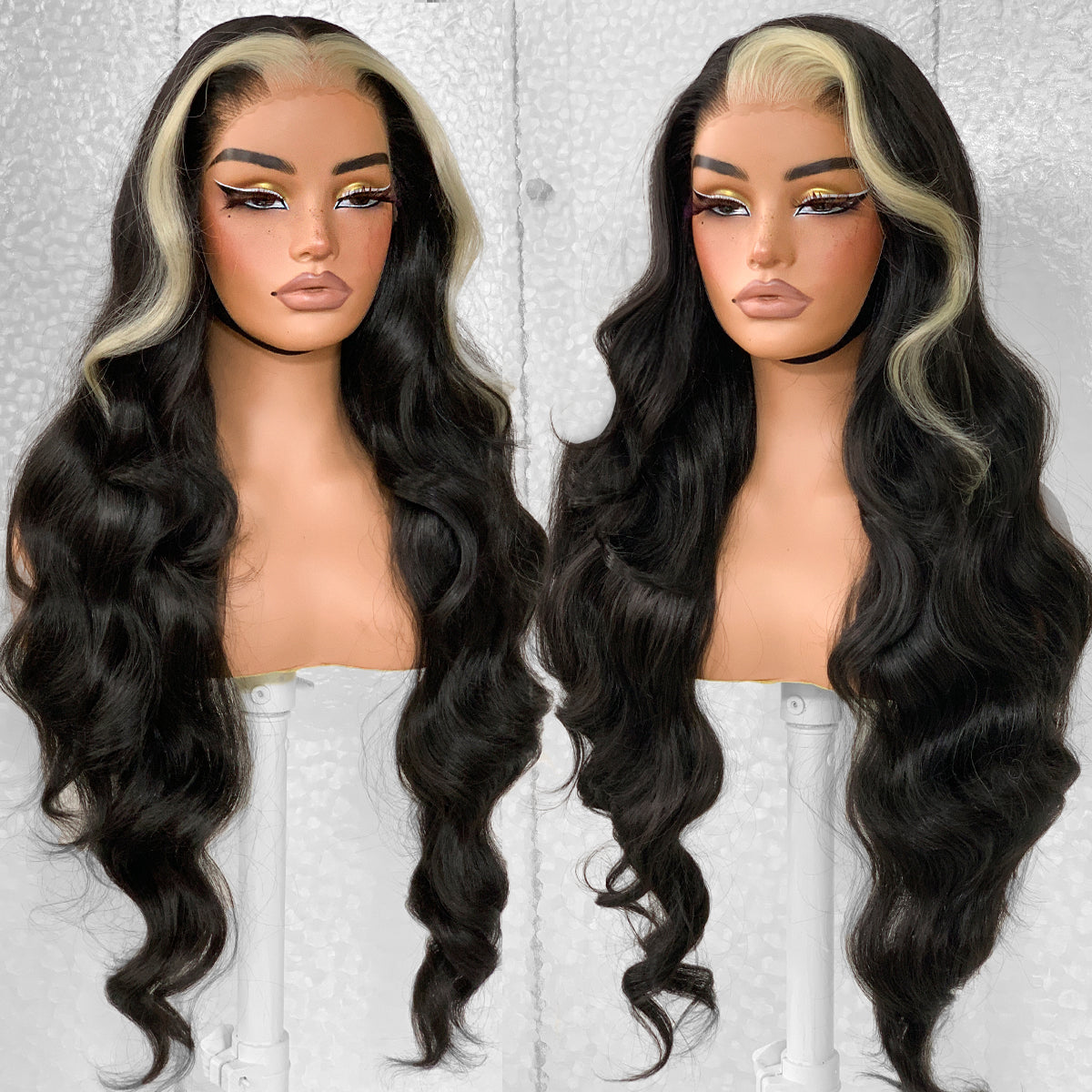 LOVSOUL Skunk Stripe Glueless Wear And Go Middle Skunk Stripe Per-Cut Synthetic 13x6 Layered Voluminous Long Body Wave HD Lace Frontal Wig Pre-Plucked No Glue 32inch