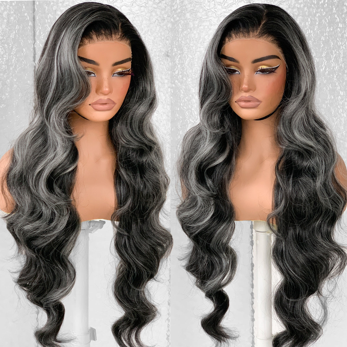 LOVSOUL Highlight Glueless Wear And Go Pre-Plucked Black And White Skunk Stripe Synthetic 13x6 Layered Voluminous Long Body Wave HD Lace Frontal Wig No Glue 32inch