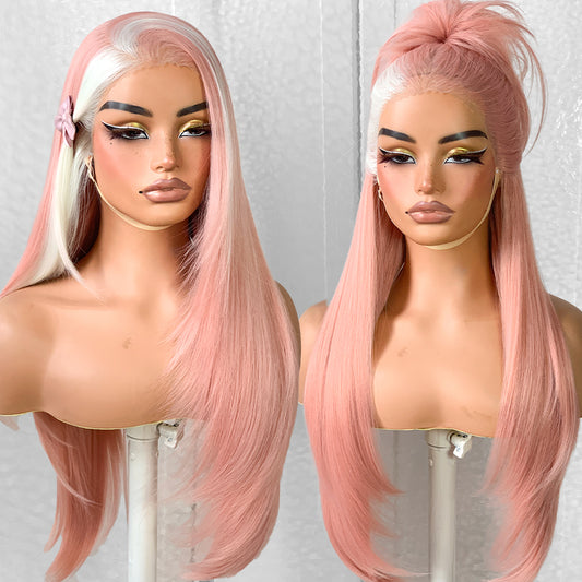 13x6 Glueless HD Lace Wear And Go Synthetic Pre-Plucked Pre-Layered Pre-Cut No Glue Layered Straight Frames Face Nice Lace Front Wig For Black Women Beginners Friendly #26inch Pink Skunk