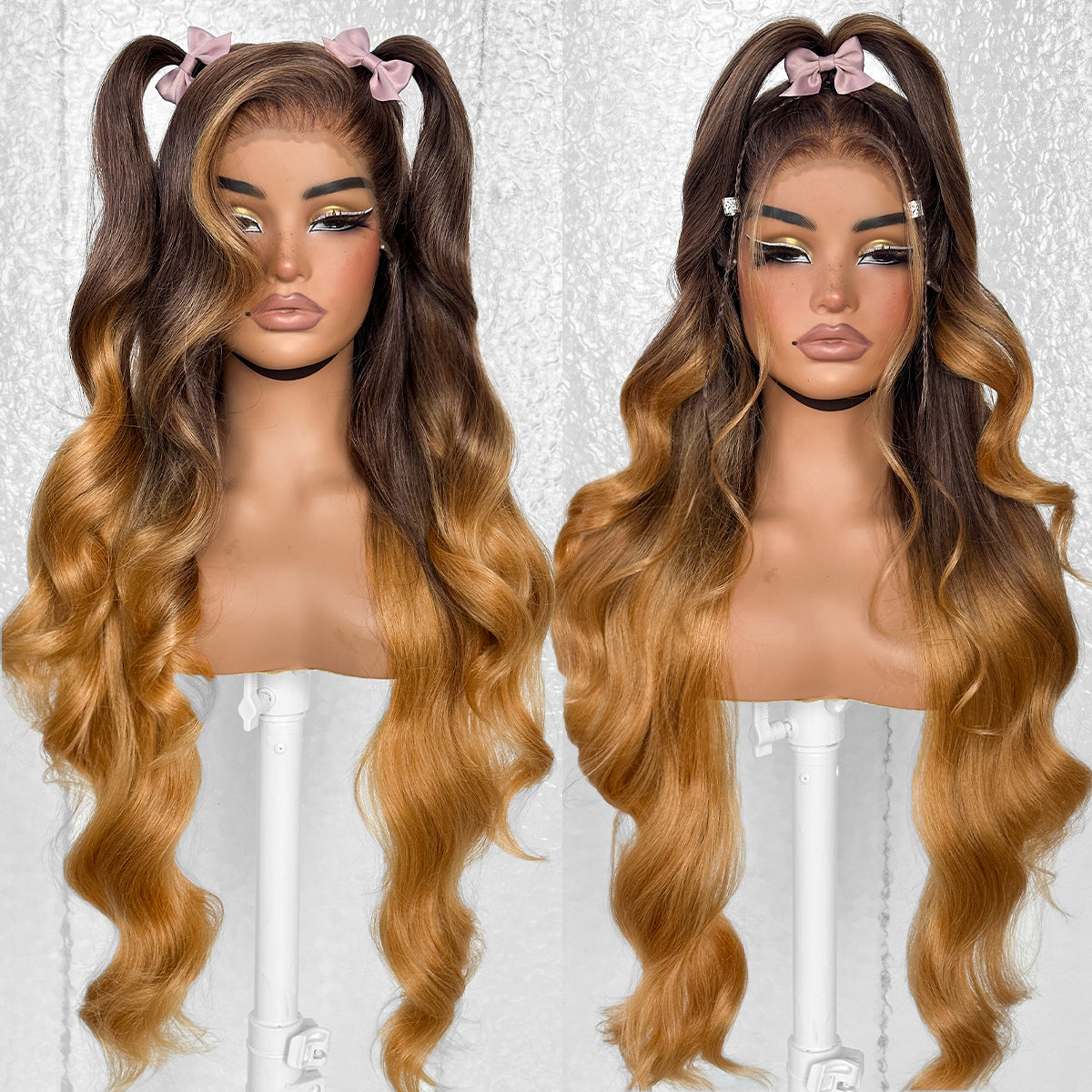 LOVSOUL Ombre Honey Blonde Glueless Wear And Go Synthetic 13x6 Layered Voluminous Long Body Wave HD Lace Frontal Wig Pre-Plucked No Glue Beginners Friendly 32inch