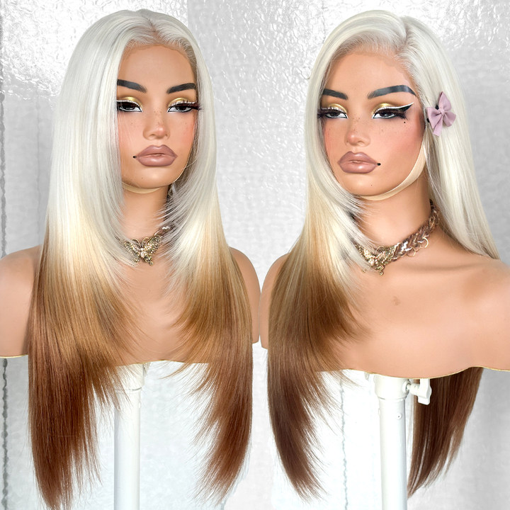 13x6 Glueless HD Lace Wear And Go Synthetic Pre-Plucked Pre-Layered Pre-Cut No Glue Layered Straight Frames Face Nice Lace Front Wig For Black Women Beginners Friendly #26inch Blonde Brown