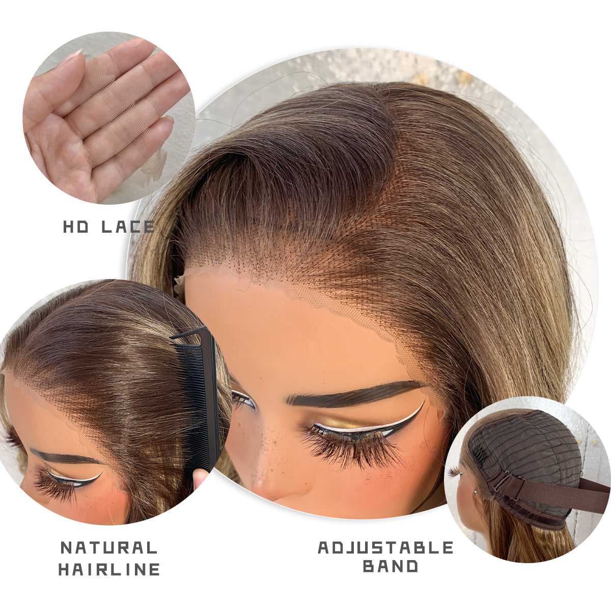 LOVSOUL Brown With Honey Highlight Glueless Wear And Go Pre-Plucked Ombre Highlight Synthetic 13x6 Layered Voluminous Long Body Wave HD Lace Frontal Wig No Glue 32inch