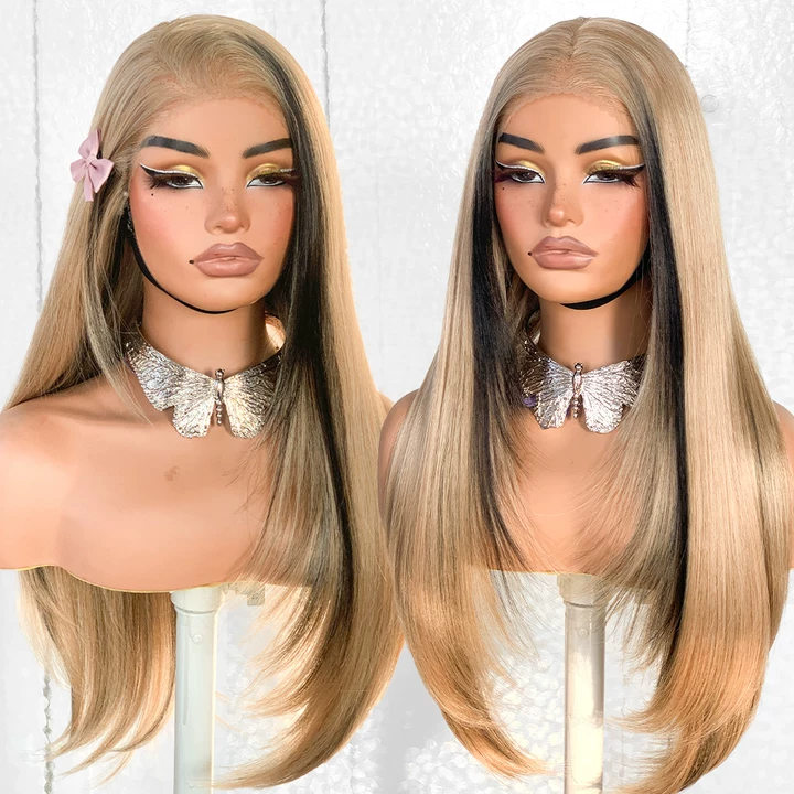 13x6 Glueless HD Lace Wear And Go Synthetic Pre-Plucked Pre-Layered Pre-Cut No Glue Layered Straight Frames Face Nice Lace Front Wig For Black Women Beginners Friendly #26inch Sand Gold