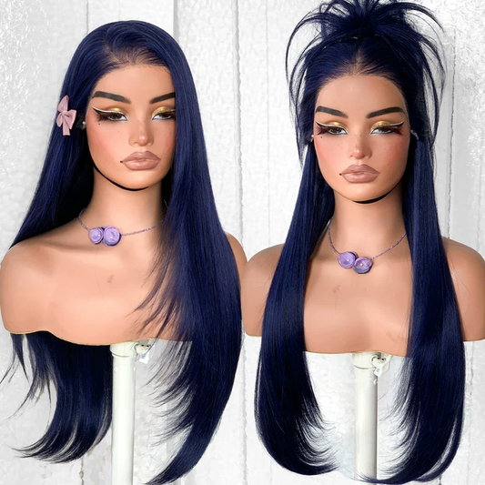 13x6 Glueless HD Lace Wear And Go Synthetic Pre-Plucked Pre-Layered Pre-Cut No Glue Layered Straight Frames Face Nice Lace Front Wig For Black Women Beginners Friendly #26inch Blue