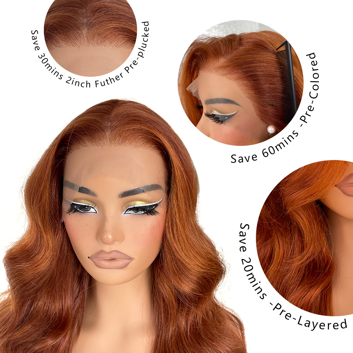 LOVSOUL 13x6 HD Glueless Lace Frontal Wigs Pre-Plucked, 200 Density Ginger Similar Human Hair Synthetic Long Body Wave Lace Front Wig Ready to Wear, 26inch #Ginger