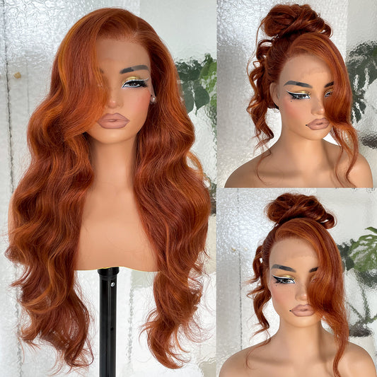 LOVSOUL 13x6 HD Glueless Lace Frontal Wigs Pre-Plucked, 200 Density Ginger Similar Human Hair Synthetic Long Body Wave Lace Front Wig Ready to Wear, 26inch #Ginger