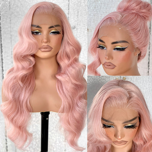 LOVSOUL 13x6 Pink HD Glueless Body Wave Lace Frontal Wigs Pre-Plucked Similar Human Hair 200 Density Synthetic Pastel Pink Wig for Black Woman Ready to Wear