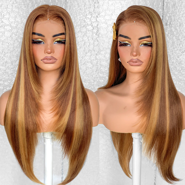 13x6 Glueless HD Lace Wear And Go Synthetic Pre-Plucked Pre-Layered Pre-Cut No Glue Layered Straight Frames Face Nice Lace Front Wig For Black Women Beginners Friendly #26inch 4/27 Sunkissed Highlights