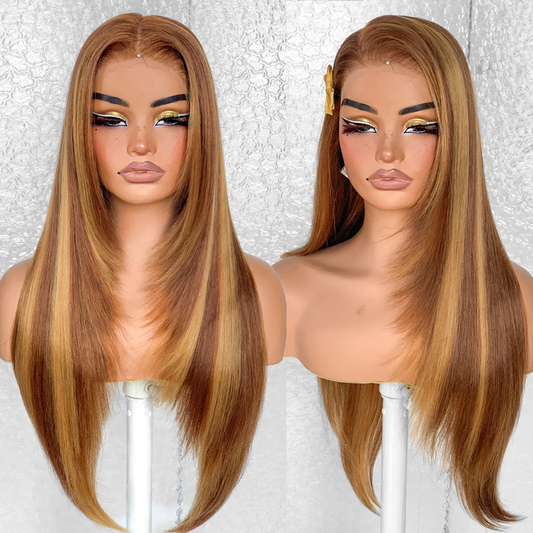 13x6 Glueless HD Lace Wear And Go Synthetic Pre-Plucked Pre-Layered Pre-Cut No Glue Layered Straight Frames Face Nice Lace Front Wig For Black Women Beginners Friendly #26inch 4/27 Sunkissed Highlights