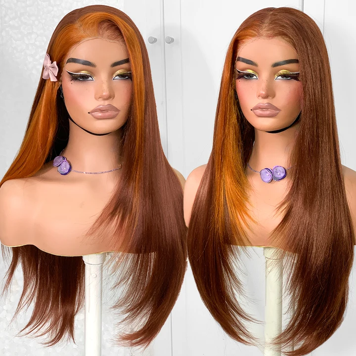 13x6 Glueless HD Lace Wear And Go Synthetic Pre-Plucked Pre-Layered Pre-Cut No Glue Layered Straight Frames Face Nice Lace Front Wig For Black Women Beginners Friendly #26inch Reddish Skunk Stripe