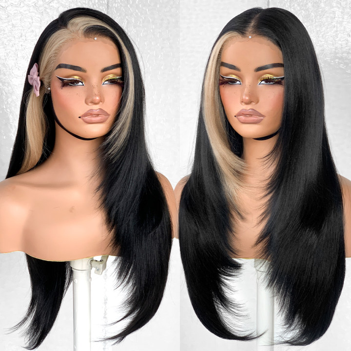 13x6 Glueless HD Lace Wear And Go Synthetic Pre-Plucked Pre-Layered Pre-Cut No Glue Layered Straight Frames Face Nice Lace Front Wig For Black Women Beginners Friendly #26inch RW Skunk Stripe