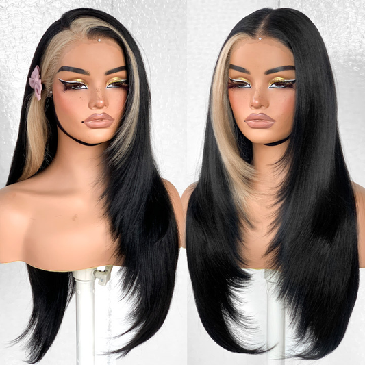 13x6 Glueless HD Lace Wear And Go Synthetic Pre-Plucked Pre-Layered Pre-Cut No Glue Layered Straight Frames Face Nice Lace Front Wig For Black Women Beginners Friendly #26inch RW Skunk Stripe