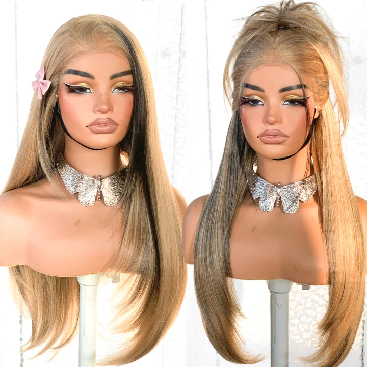 13x6 Glueless HD Lace Wear And Go Synthetic Pre-Plucked Pre-Layered Pre-Cut No Glue Layered Straight Frames Face Nice Lace Front Wig For Black Women Beginners Friendly #26inch Sand Gold