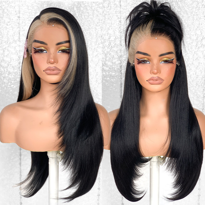 13x6 Glueless HD Lace Wear And Go Synthetic Pre-Plucked Pre-Layered Pre-Cut No Glue Layered Straight Frames Face Nice Lace Front Wig For Black Women Beginners Friendly #26inch RW Skunk Stripe
