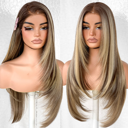 13x6 Glueless HD Lace Wear And Go Synthetic Pre-Plucked Pre-Layered Pre-Cut No Glue Layered Straight Frames Face Nice Lace Front Wig For Black Women Beginners Friendly #26inch Ombre Highlight