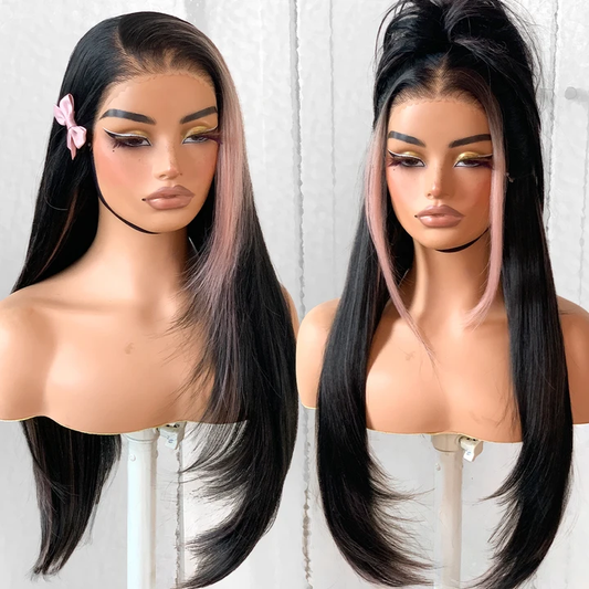 13x6 Glueless HD Lace Wear And Go Synthetic Pre-Plucked Pre-Layered Pre-Cut No Glue Layered Straight Frames Face Nice Lace Front Wig For Black Women Beginners Friendly #26inch BLACKPINK