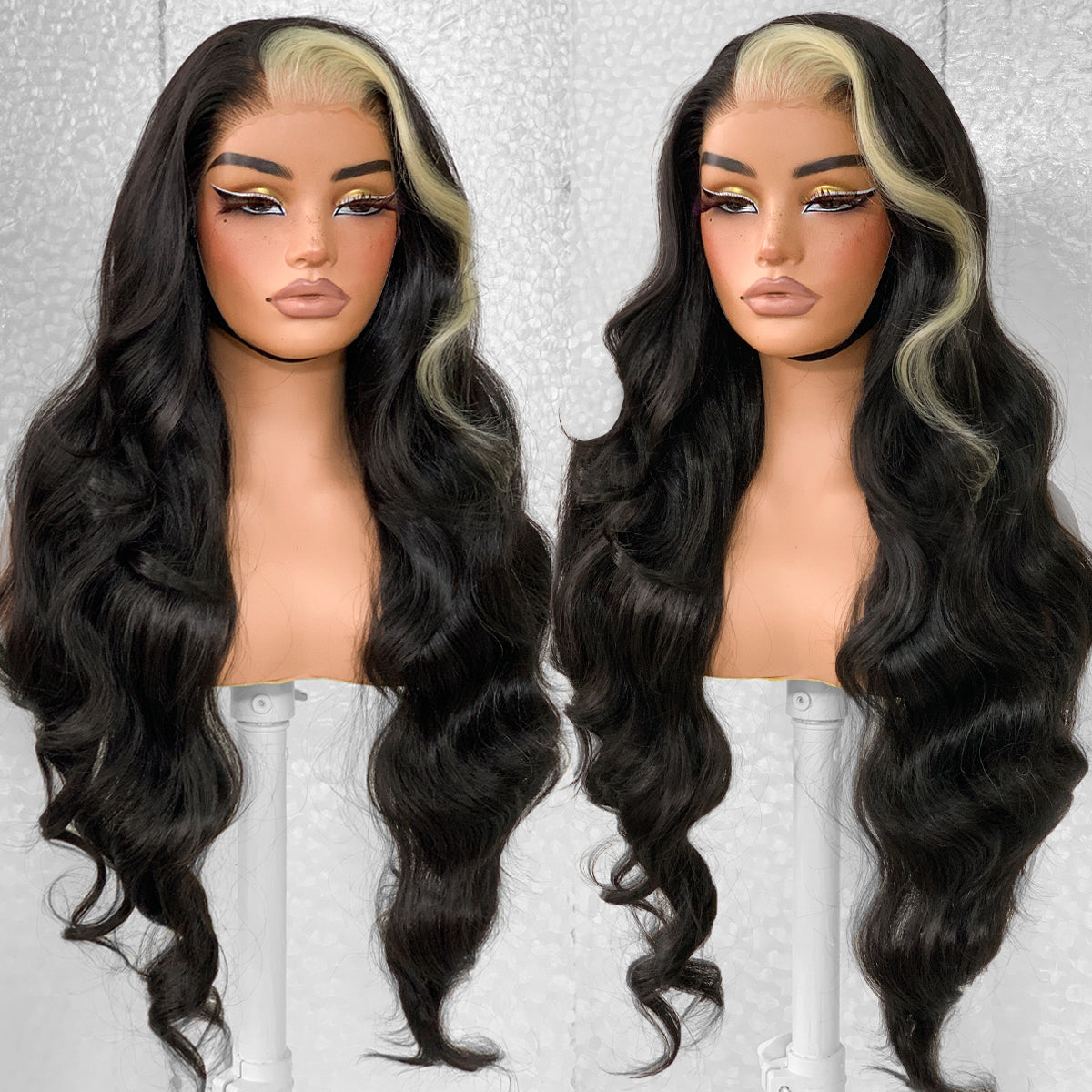 LOVSOUL Skunk Stripe Glueless Wear And Go Middle Skunk Stripe Per-Cut Synthetic 13x6 Layered Voluminous Long Body Wave HD Lace Frontal Wig Pre-Plucked No Glue 32inch