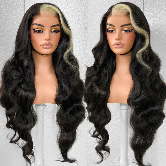 LOVSOUL Skunk Stripe Glueless Wear And Go Middle Skunk Stripe Per-Cut Synthetic 13x6 Layered Voluminous Long Body Wave HD Lace Frontal Wig Pre-Plucked No Glue 32inch