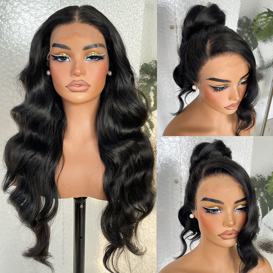 LOVSOUL 13x6 HD Glueless Lace Frontal Wigs Pre-Plucked, 200 Density Natural Black Similar Human Hair Synthetic Long Body Wave Lace Front Wig Ready to Wear, 26inch #1B