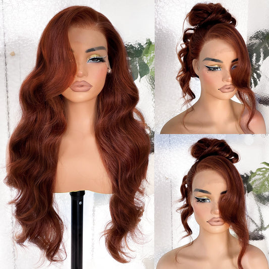 LOVSOUL 13x6 HD Glueless Lace Frontal Wig Pre-Plucked 200 Density Reddish Brown Similar Human Hair Synthetic Long Body Wave Lace Front Wig Ready to Wear 26inch#33b Reddish Brown