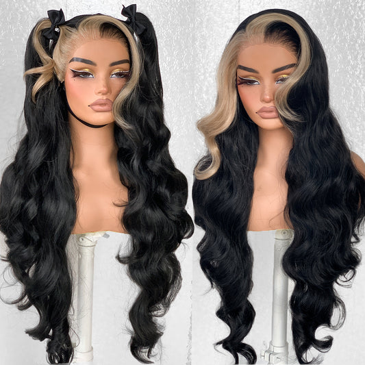LOVSOUL Skunk Stripe Glueless HD Lace Wear And Go Per-Cut Synthetic 13x6 Layered Voluminous Long Body Wave Lace Frontal Wig Pre-Plucked No Glue 32inch