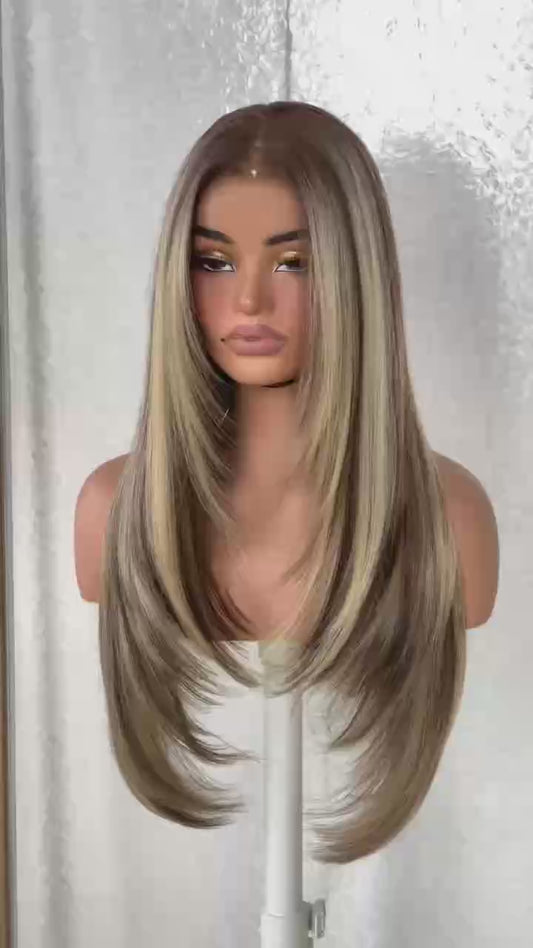 13x6 Glueless HD Lace Wear And Go Synthetic Pre-Plucked Pre-Layered Pre-Cut No Glue Layered Straight Frames Face Nice Lace Front Wig For Black Women Beginners Friendly #26inch Ombre Highlight